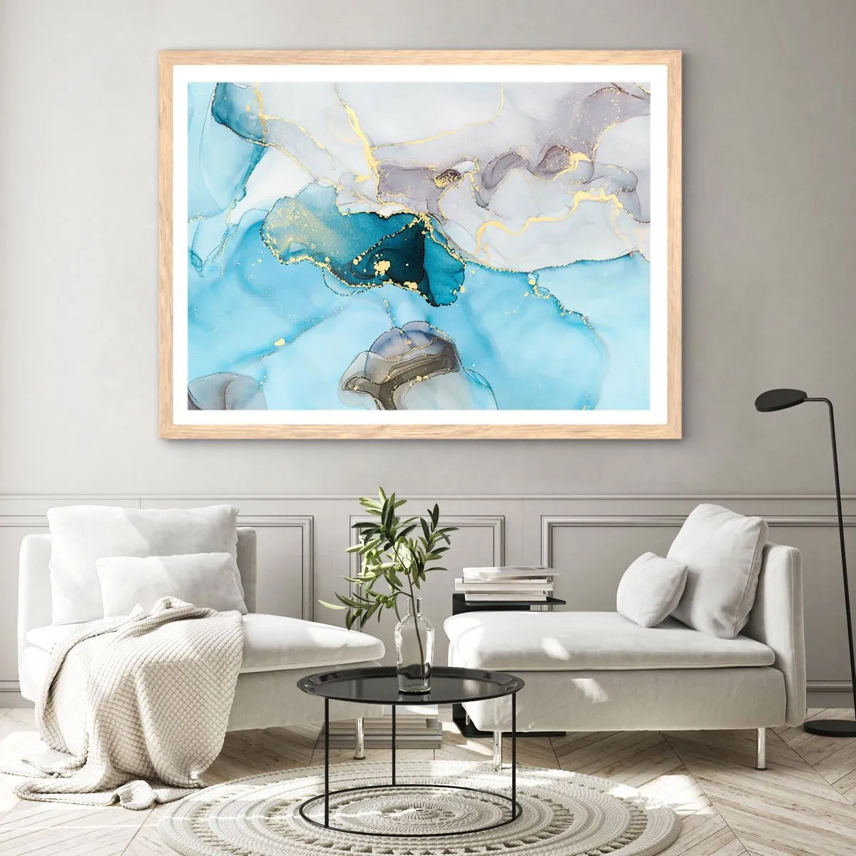 Affiche dans un chêne clair - Poster - Etude de la rencontre gris et turquoise - 40x30 cm