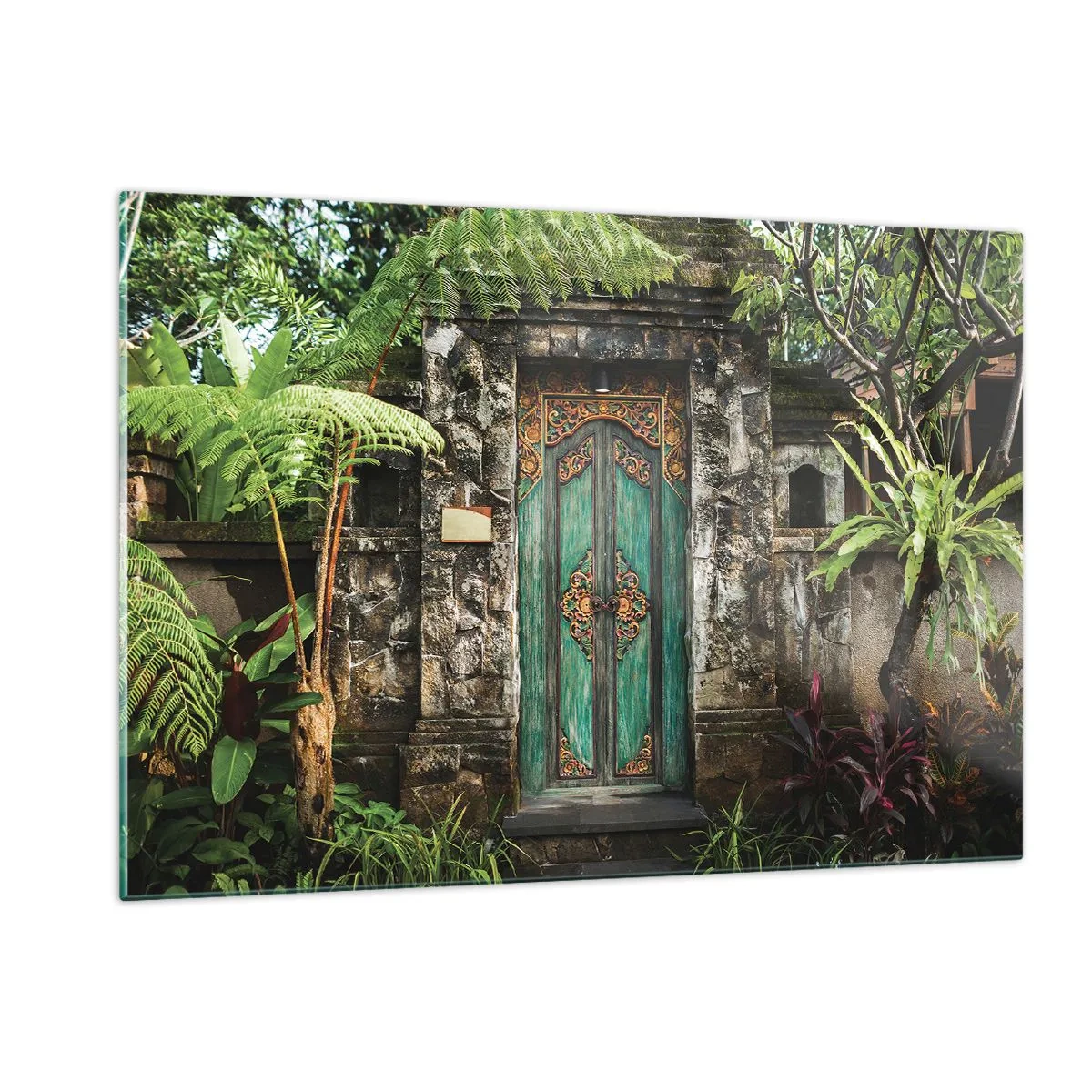 Impression sur verre - Image sur verre - Porte turquoise ornée dans un mur de pierre entouré de végétation tropicale - 120x80cm - Porte vers un monde exotique - Décoration murale moderne pour le salon et la chambre ARTTOR