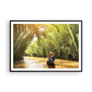Affiche dans un cadre noir - Poster - Un bateau sur une rivière entourée de végétation tropicale - 100x70cm - Ravin de palmier - Décoration murale moderne pour le salon et la chambre ARTTOR