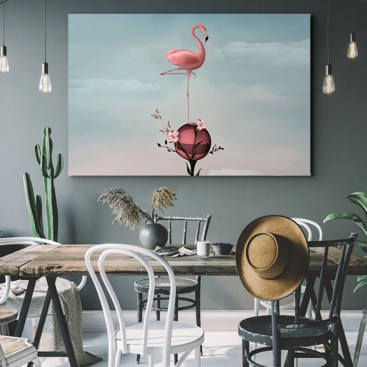 Impression sur toile - Image sur toile - Un flamant rose en équilibre sur une boule de fleurs - 70x50cm - Allégorie du basket-ball - Décoration murale moderne pour le salon et la chambre ARTTOR