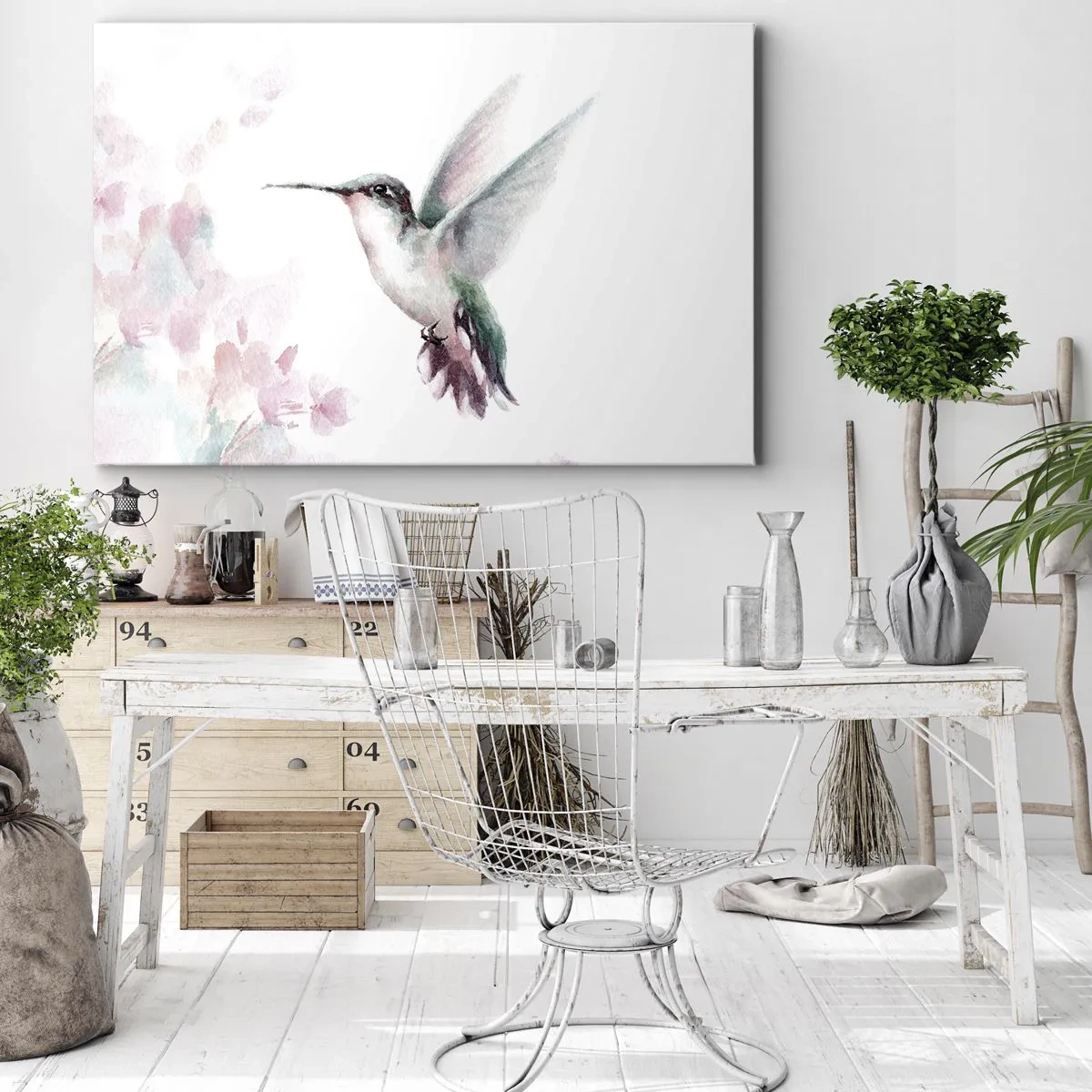 Impression sur toile - Image sur toile - Un colibri aux couleurs pastel délicates sur un fond de fleurs - 70x50cm - Immortalisé dans un battement - Décoration murale moderne pour le salon et la chambre ARTTOR