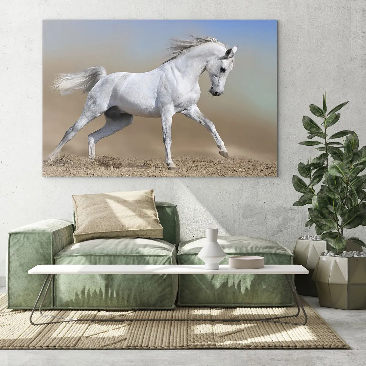 Impression sur verre - Image sur verre - Un cheval blanc galopant sur le sol sablonneux - 120x80cm - Le plus beau conte de fées arabe - Décoration murale moderne pour le salon et la chambre ARTTOR