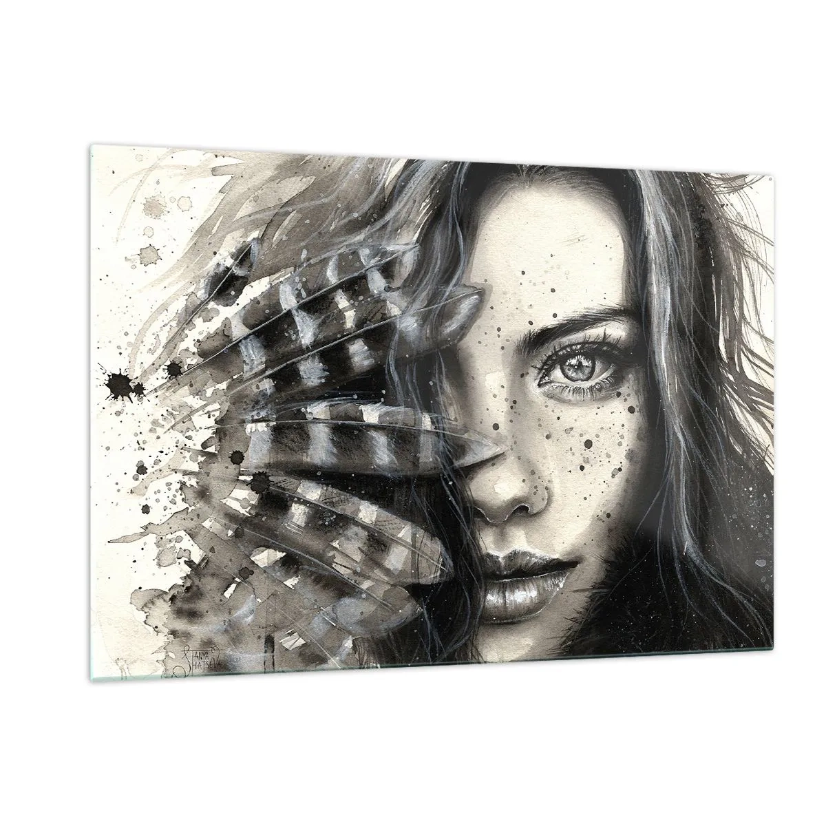Impression sur verre - Image sur verre - Portrait d'une femme avec des plumes et des détails abstraits - 120x80cm - Beauté sauvage - Décoration murale moderne pour le salon et la chambre ARTTOR