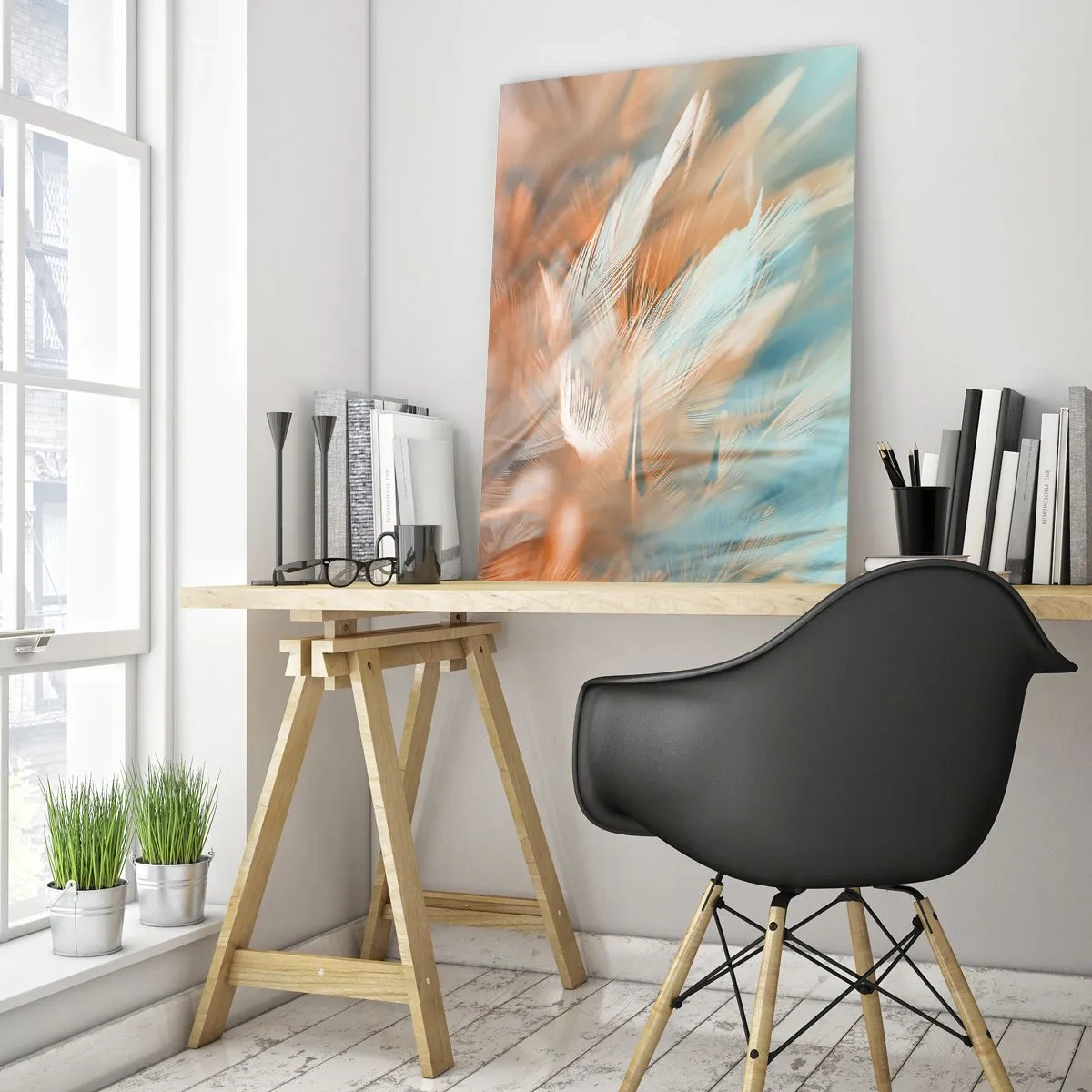 Impression sur verre - Image sur verre - Plumes délicates dans des tons pastel turquoise et pêche - 50x70cm - Au pays de la douceur - Décoration murale moderne pour le salon et la chambre ARTTOR