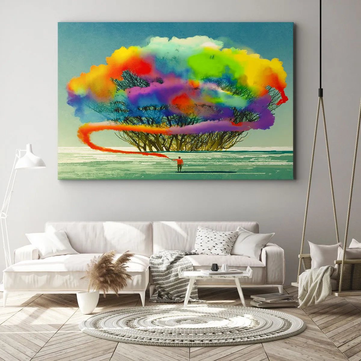 Impression sur toile - Image sur toile - Une silhouette avec de la fumée colorée à l'arrière-plan d'un arbre dans la nature - 100x70cm - Donner vie à ce monde - Décoration murale moderne pour le salon et la chambre ARTTOR