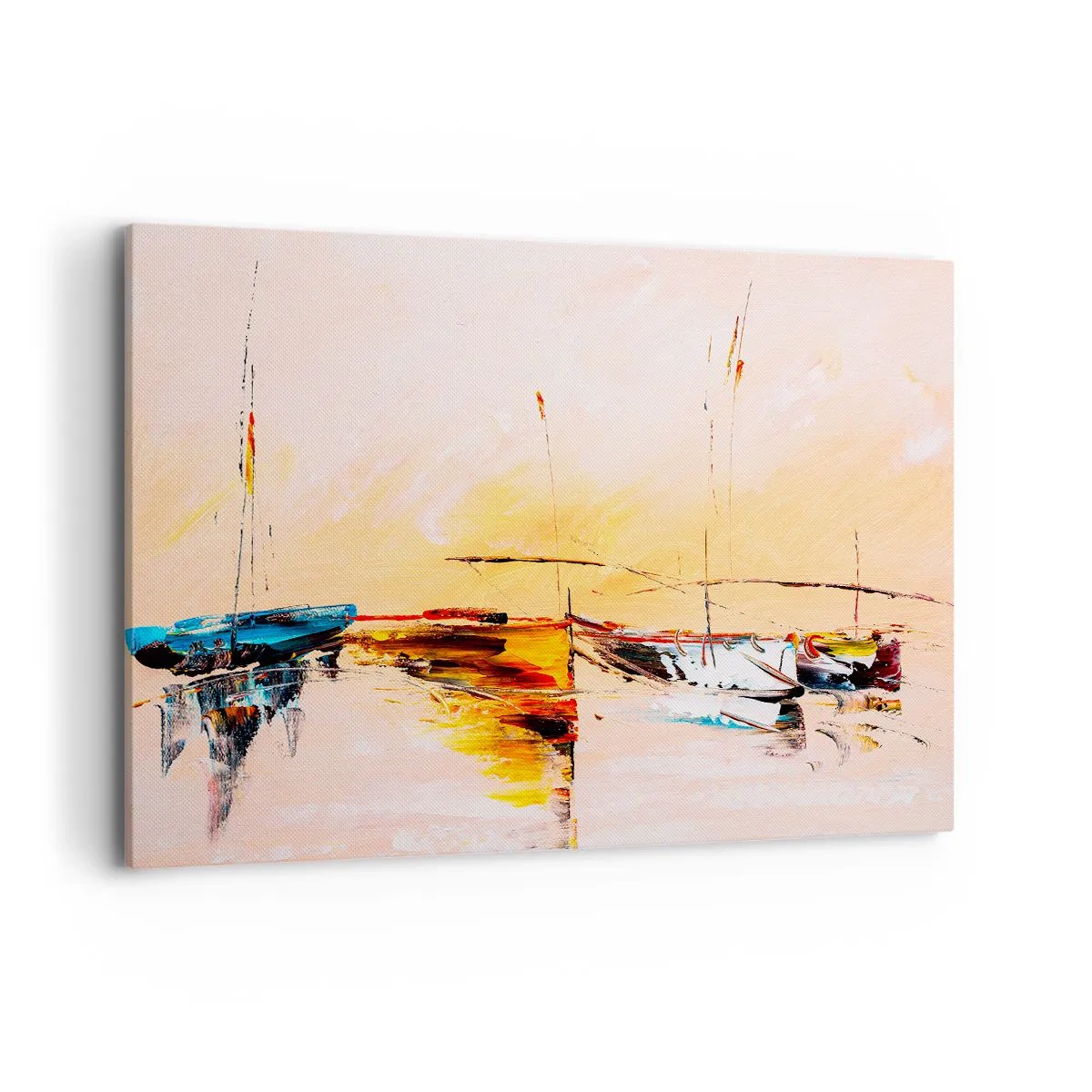 Impression sur toile - Image sur toile - Bateaux colorés sur une eau calme au coucher du soleil - 100x70cm - Soirée à la marina - Décoration murale moderne pour le salon et la chambre ARTTOR