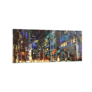 Impression sur verre - Image sur verre - Scène nocturne de la ville avec des néons - 120x50cm - L'agitation de la rue en soirée - Décoration murale moderne pour le salon et la chambre ARTTOR
