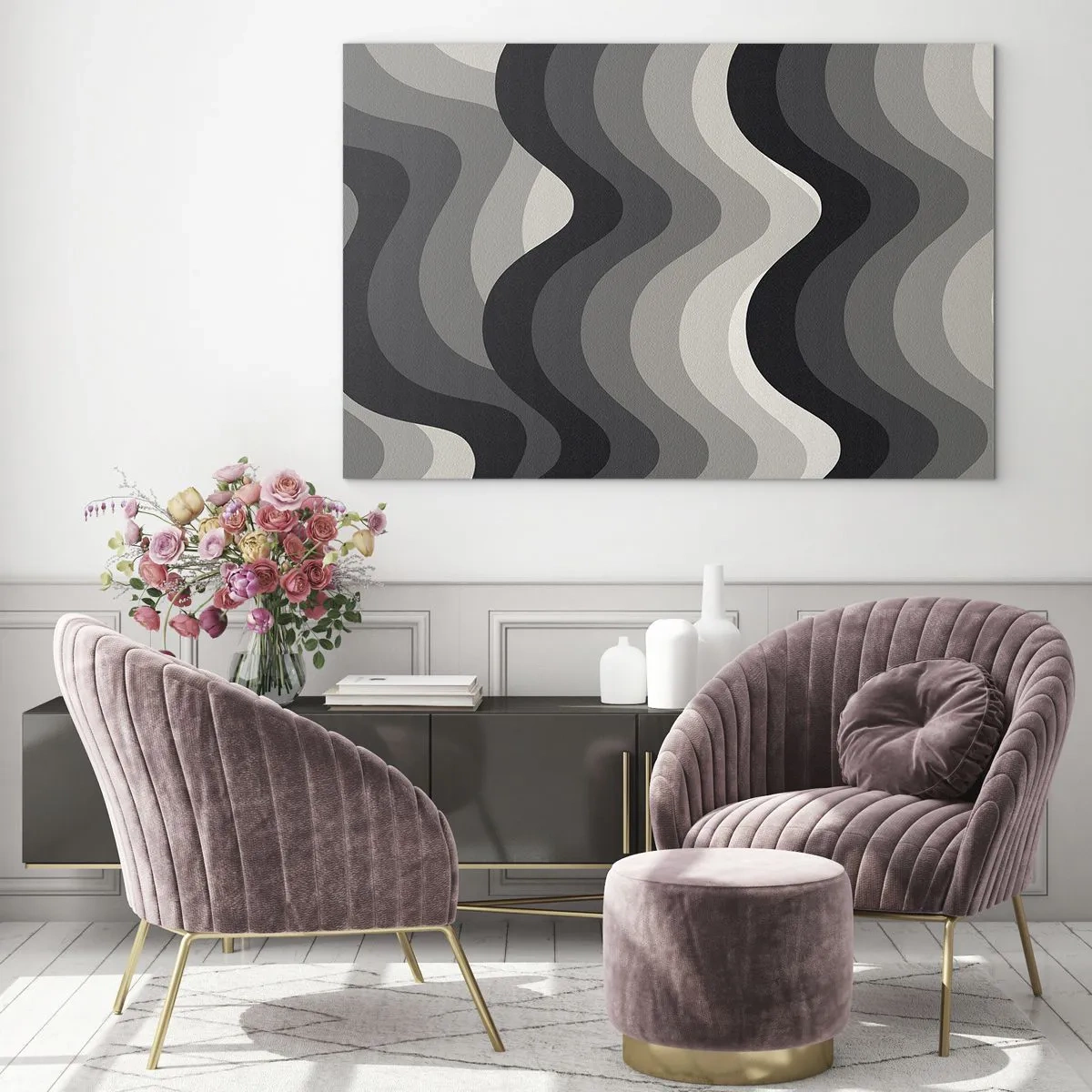 Impression sur verre - Image sur verre - Les vagues dans les tons de gris créent un motif rythmique et géométrique - 70x50cm - Vague après vague - Décoration murale moderne pour le salon et la chambre ARTTOR