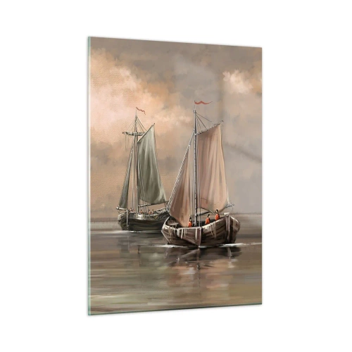 Impression sur verre - Image sur verre - Trois voiliers sur une mer calme aux couleurs pastel - 50x70cm - Le retour des marins - Décoration murale moderne pour le salon et la chambre ARTTOR