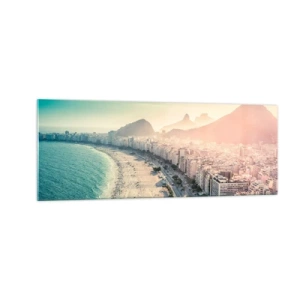 Impression sur verre - Image sur verre - Panorama de la plage de Copacabana avec les montagnes en arrière-plan à Rio de Janeiro - 140x50cm - Vacances éternelles à Rio - Décoration murale moderne pour le salon et la chambre ARTTOR