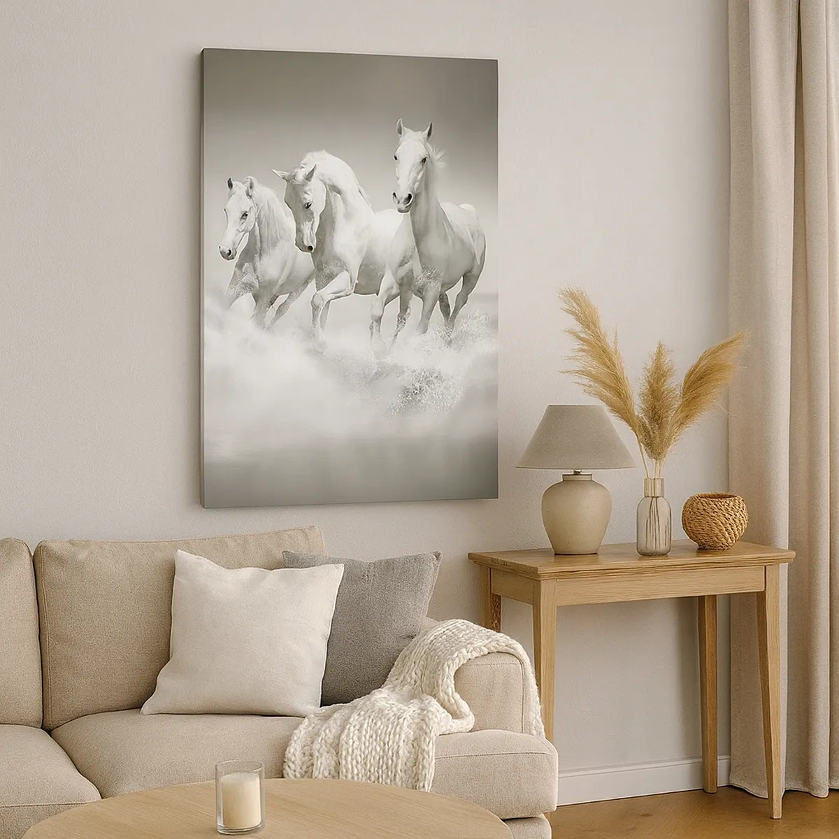 Impression sur toile - Image sur toile - Trois chevaux blancs galopant dans l'eau - 50x70cm - La folie blanche - Décoration murale moderne pour le salon et la chambre ARTTOR