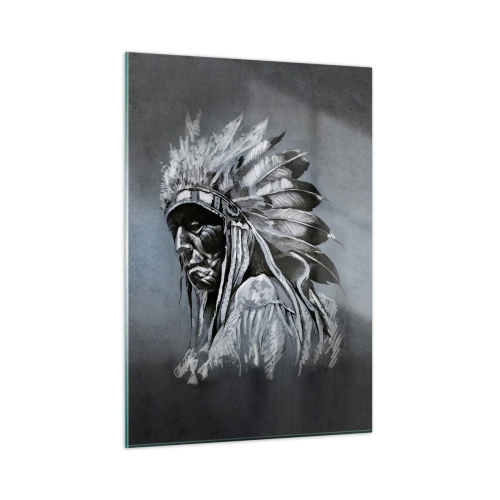 Impression sur verre - Image sur verre - Portrait d'un homme avec une coiffe de plumes sur un fond gris foncé - 50x70cm - Retour aux sources - Décoration murale moderne pour le salon et la chambre ARTTOR
