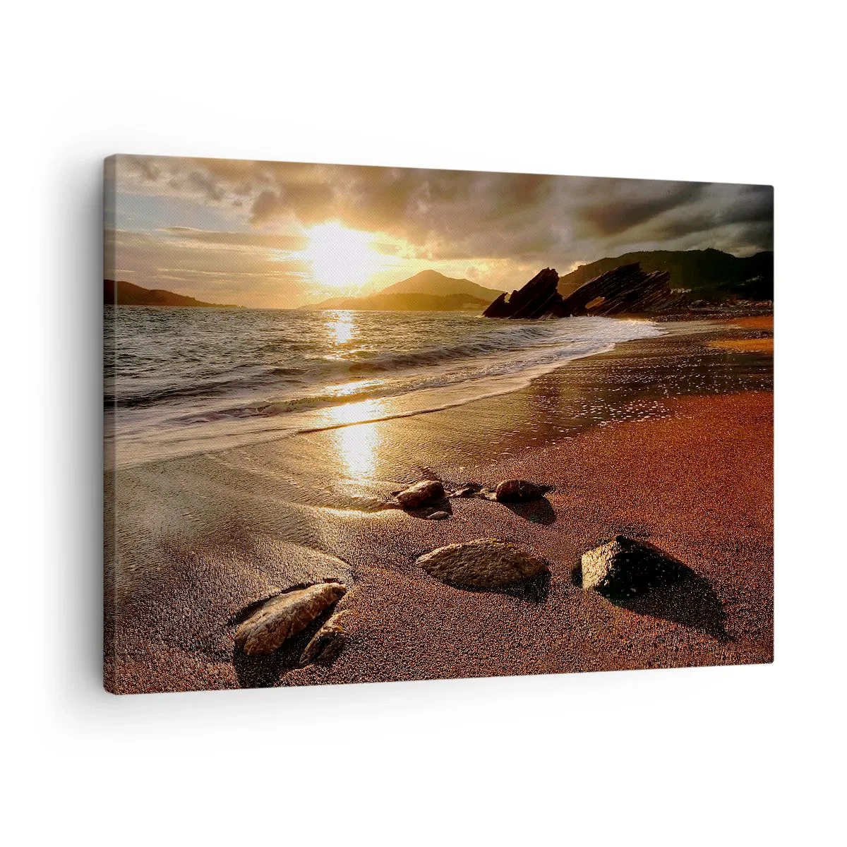 Impression sur toile - Image sur toile - Plage au coucher du soleil avec des pierres sur le rivage - 70x50cm - Suivez le soleil sur les collines - Décoration murale moderne pour le salon et la chambre ARTTOR