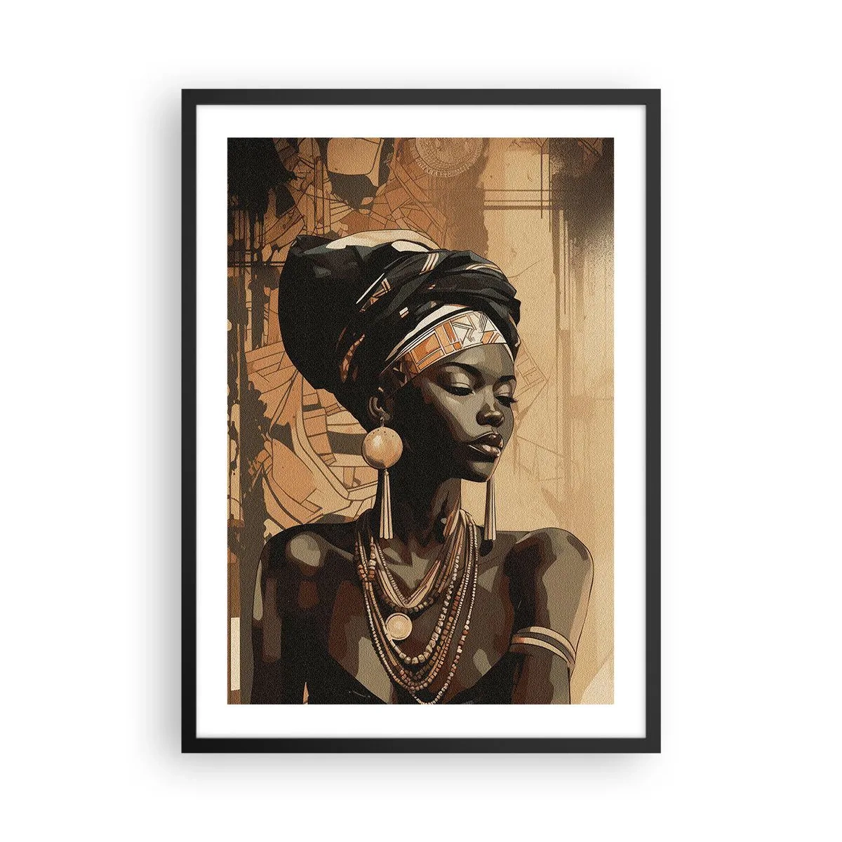 Affiche dans un cadre noir - Poster - Portrait d'une femme africaine portant des ornements traditionnels - 50x70cm - Majesté africaine - Décoration murale moderne pour le salon et la chambre ARTTOR