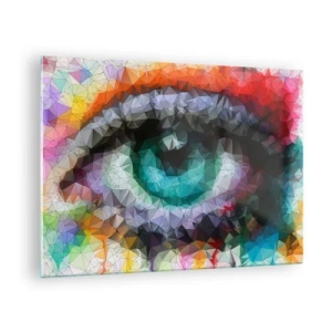 Impression sur verre - Image sur verre - Un œil géométrique aux couleurs vibrantes avec un effet cristal. - 70x50cm - Lueur cristalline des yeux - Décoration murale moderne pour le salon et la chambre ARTTOR