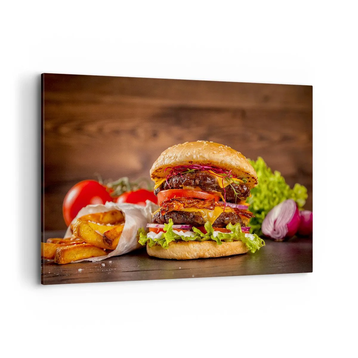 Impression sur toile - Image sur toile - Burger appétissant avec extras - 100x70cm - Le fruit défendu - Décoration murale moderne pour le salon et la chambre ARTTOR