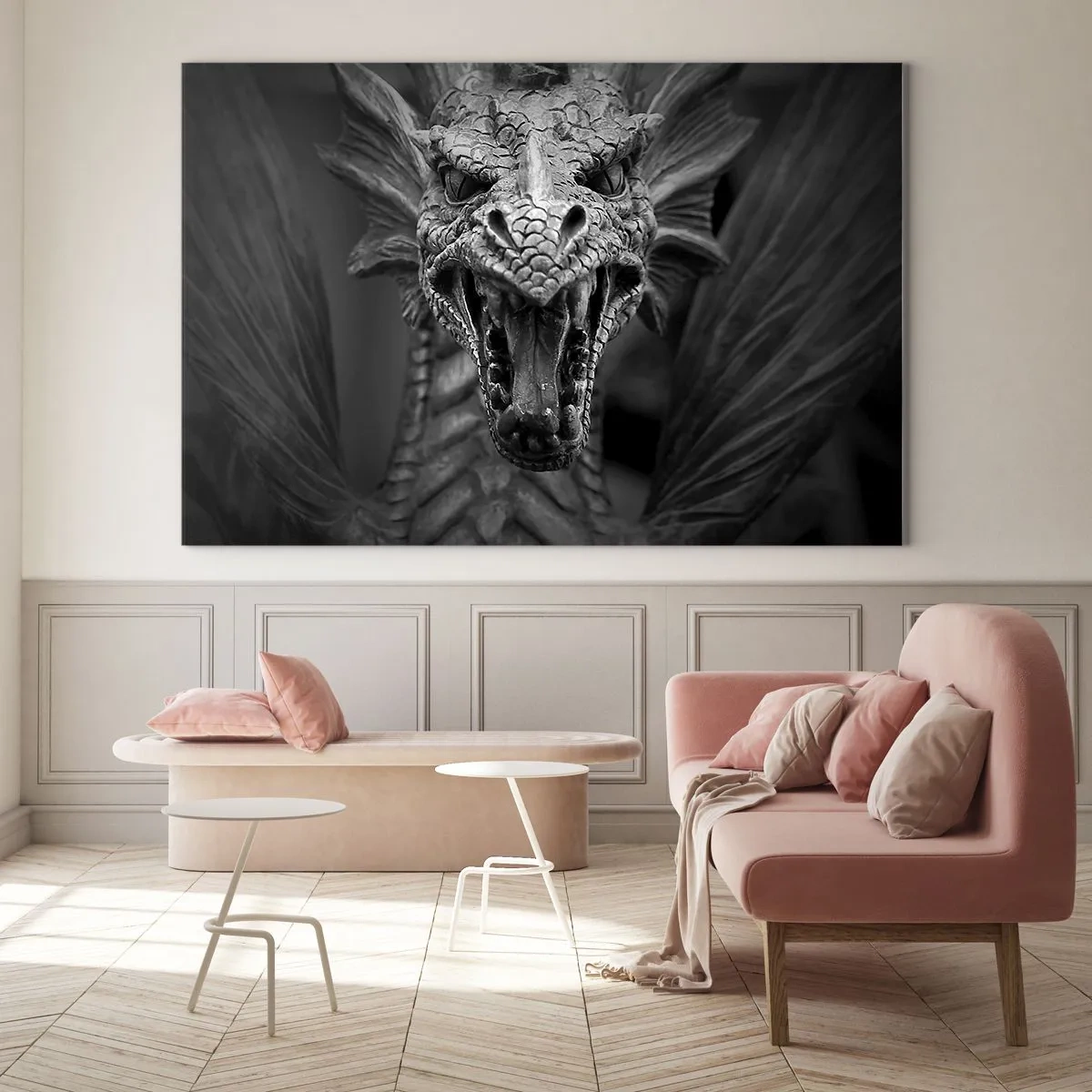 Impression sur verre - Image sur verre - Portrait détaillé d'un dragon en noir et blanc - 100x70cm - Un dragon imaginaire grisâtre - Décoration murale moderne pour le salon et la chambre ARTTOR