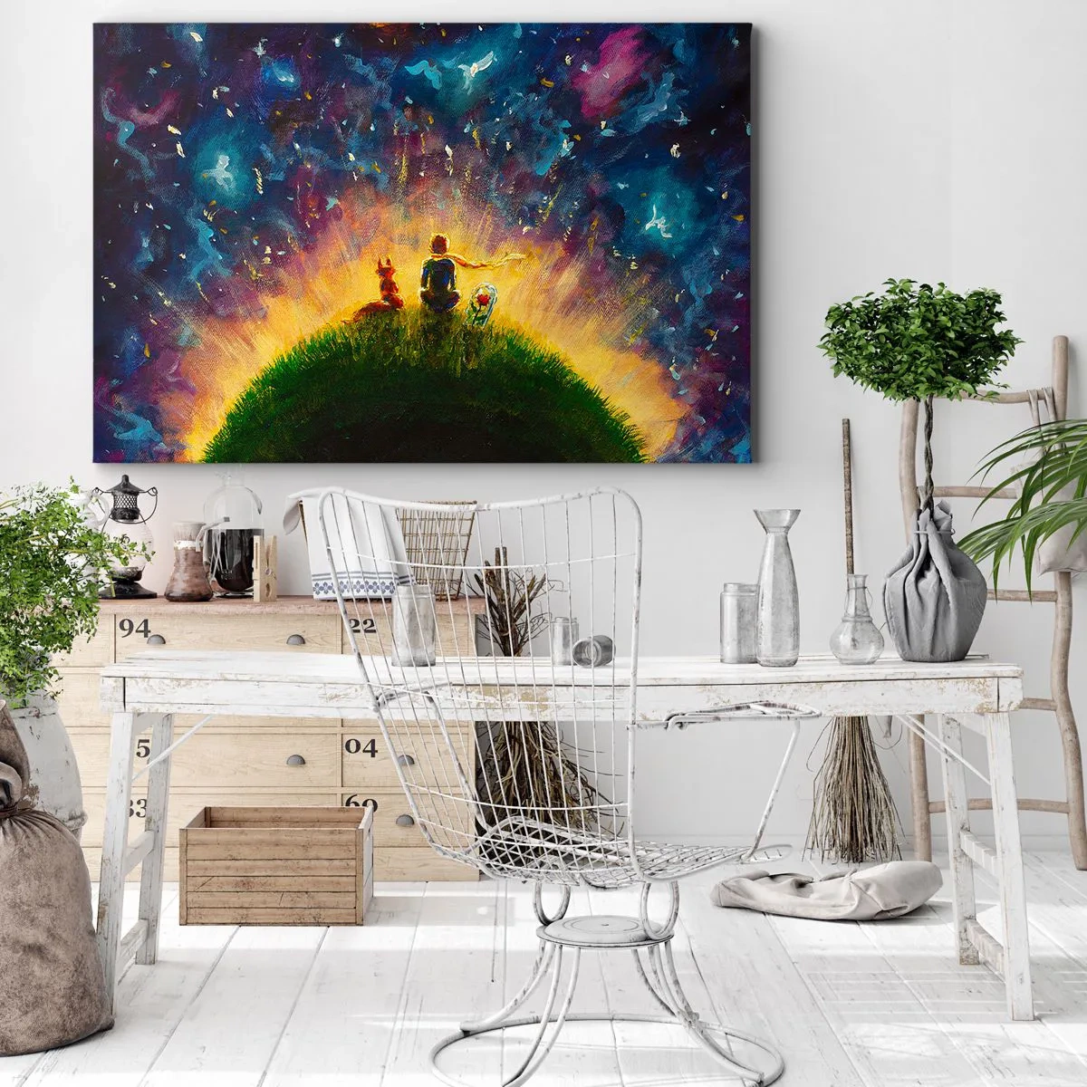 Impression sur toile - Image sur toile - Personnages sur une colline verdoyante entourée d'un ciel étoilé - 100x70cm - Amour et amitié - le monde entier - Décoration murale moderne pour le salon et la chambre ARTTOR