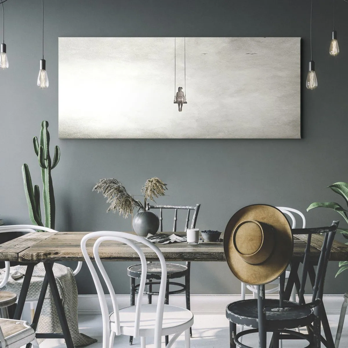 Impression sur toile - Image sur toile - Une figure sur une balançoire suspendue dans l'espace - 140x50cm - Enfant en nous - Décoration murale moderne pour le salon et la chambre ARTTOR