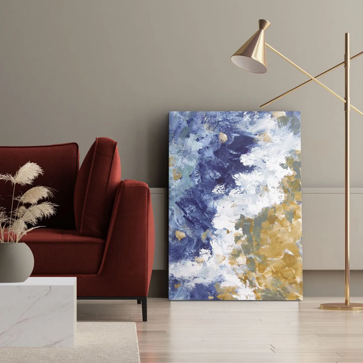 Impression sur toile - Image sur toile - Abstraction dans les tons de bleu, blanc et or - 50x70cm - Danse des éléments - Décoration murale moderne pour le salon et la chambre ARTTOR