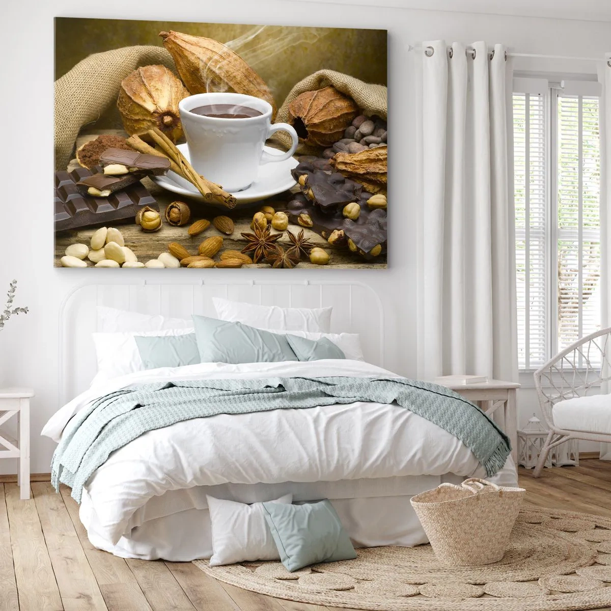 Impression sur toile - Image sur toile - Une tasse de chocolat chaud entourée de cacao et de cannelle - 120x80cm - Pour les amateurs de sensations fortes - Décoration murale moderne pour le salon et la chambre ARTTOR