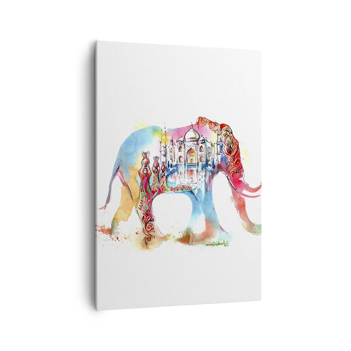 Impression sur toile - Image sur toile - Aquarelle colorée d'un éléphant avec un motif du Taj Mahal - 70x100cm - Inde - l'aura de l'amour - Décoration murale moderne pour le salon et la chambre ARTTOR