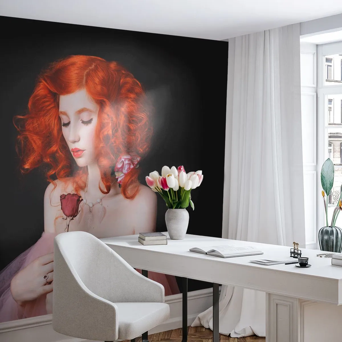 Papier Peint Photo Standard Eco - De style baroque - Femme, Modèle, Rose - 200x140 cm