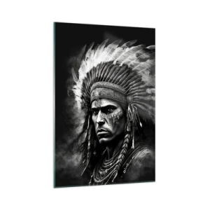 Impression sur verre - Image sur verre - Portrait d'un chef portant une coiffe à plumes sur fond noir - 70x100cm - Un leader et un guerrier - Décoration murale moderne pour le salon et la chambre ARTTOR