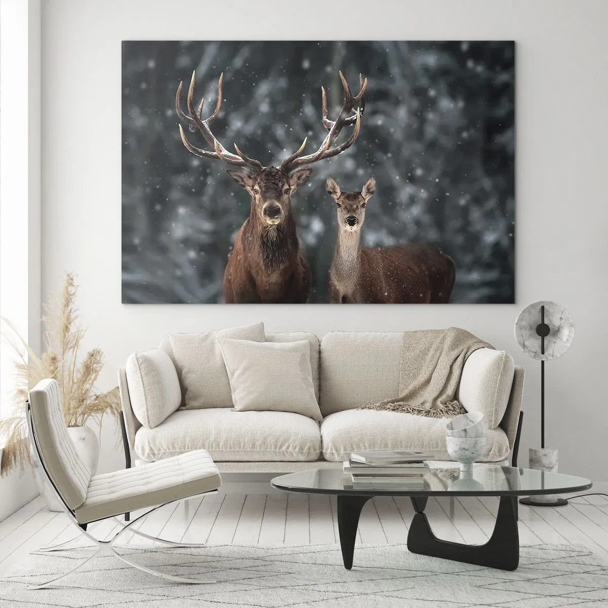 Impression sur verre - Image sur verre - Un cerf et une biche dans une forêt hivernale couverte de neige - 120x80cm - Le roi de la forêt avec sa femme - Décoration murale moderne pour le salon et la chambre ARTTOR