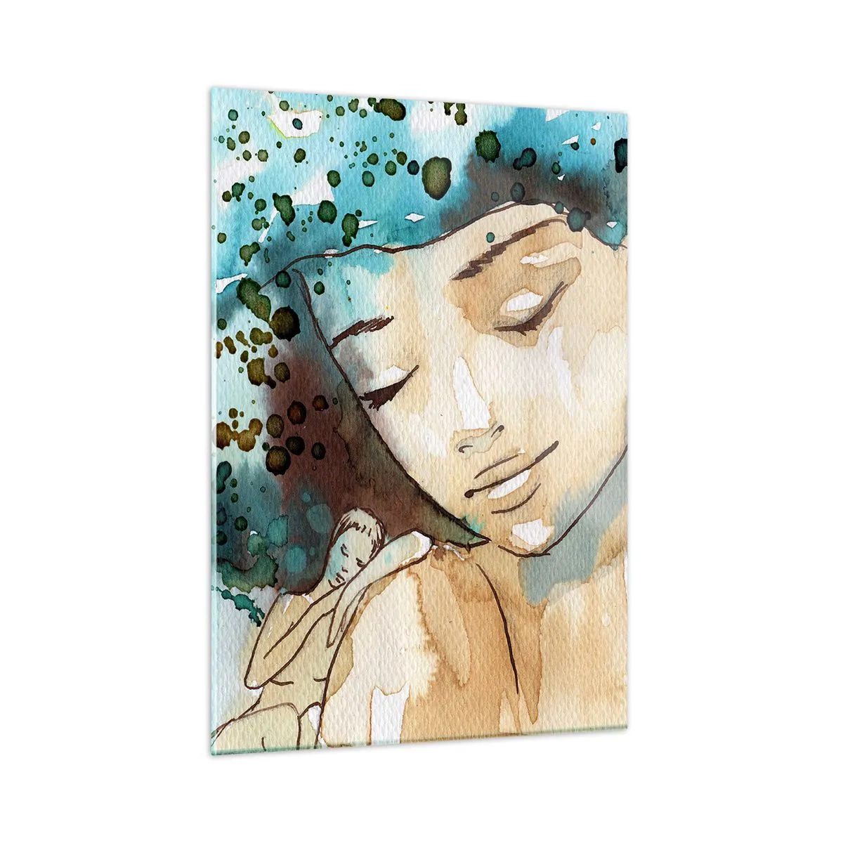 Impression sur verre - Image sur verre - Portrait à l'aquarelle d'une femme aux yeux fermés - 50x70cm - Lady in blue - Décoration murale moderne pour le salon et la chambre ARTTOR