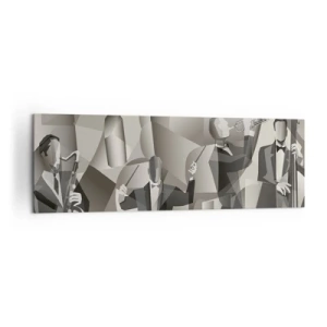 Impression sur toile - Image sur toile - Scène abstraite avec des musiciens de jazz dans des tons de gris. - 160x50cm - Dans l'espace des sons - Décoration murale moderne pour le salon et la chambre ARTTOR
