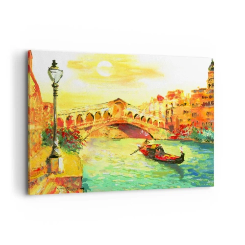 Impression sur toile - Image sur toile - Un pont pittoresque sur le canal avec une gondole à la lumière du soleil couchant - 100x70cm - Un pèlerinage d'amoureux - Décoration murale moderne pour le salon et la chambre ARTTOR