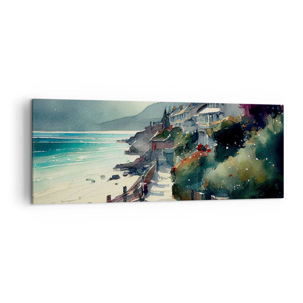 Impression sur toile - Image sur toile - Promenade en bord de mer avec maisons et végétation - 140x50cm - Ville méditerranéenne - Décoration murale moderne pour le salon et la chambre ARTTOR