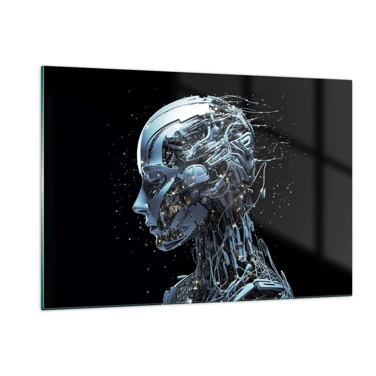 Impression sur verre - Image sur verre - Profil d'un robot féminin avec fils et mécanismes - 120x80cm - La technologie est une femme - Décoration murale moderne pour le salon et la chambre ARTTOR