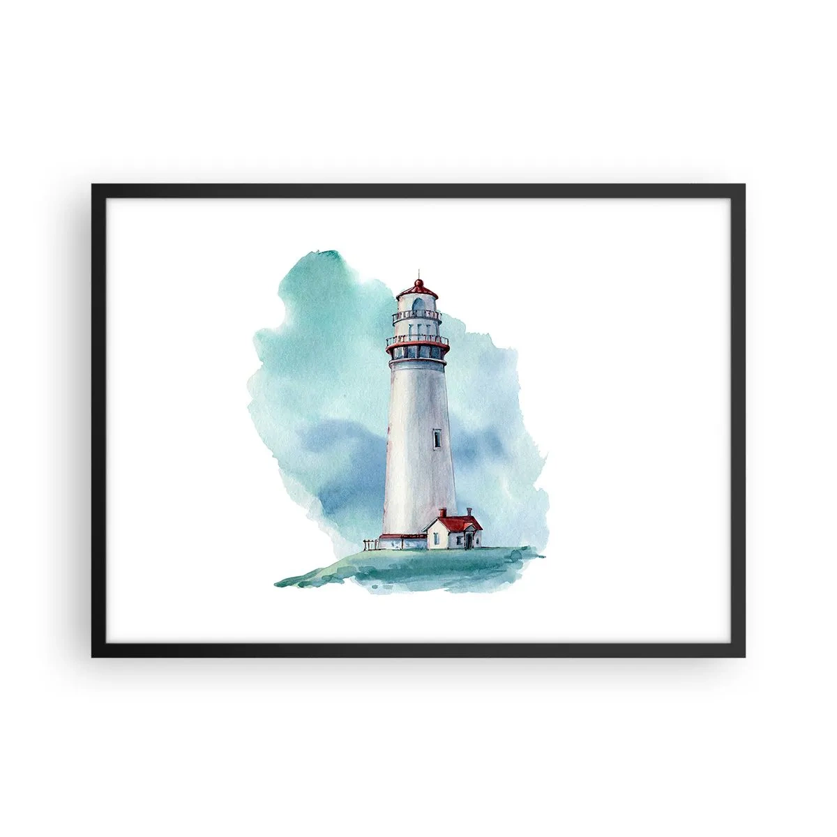 Affiche dans un cadre noir - Poster - Un phare sur un fond bleu aquarelle - 70x50cm - La douce sœur du bleu - Décoration murale moderne pour le salon et la chambre ARTTOR