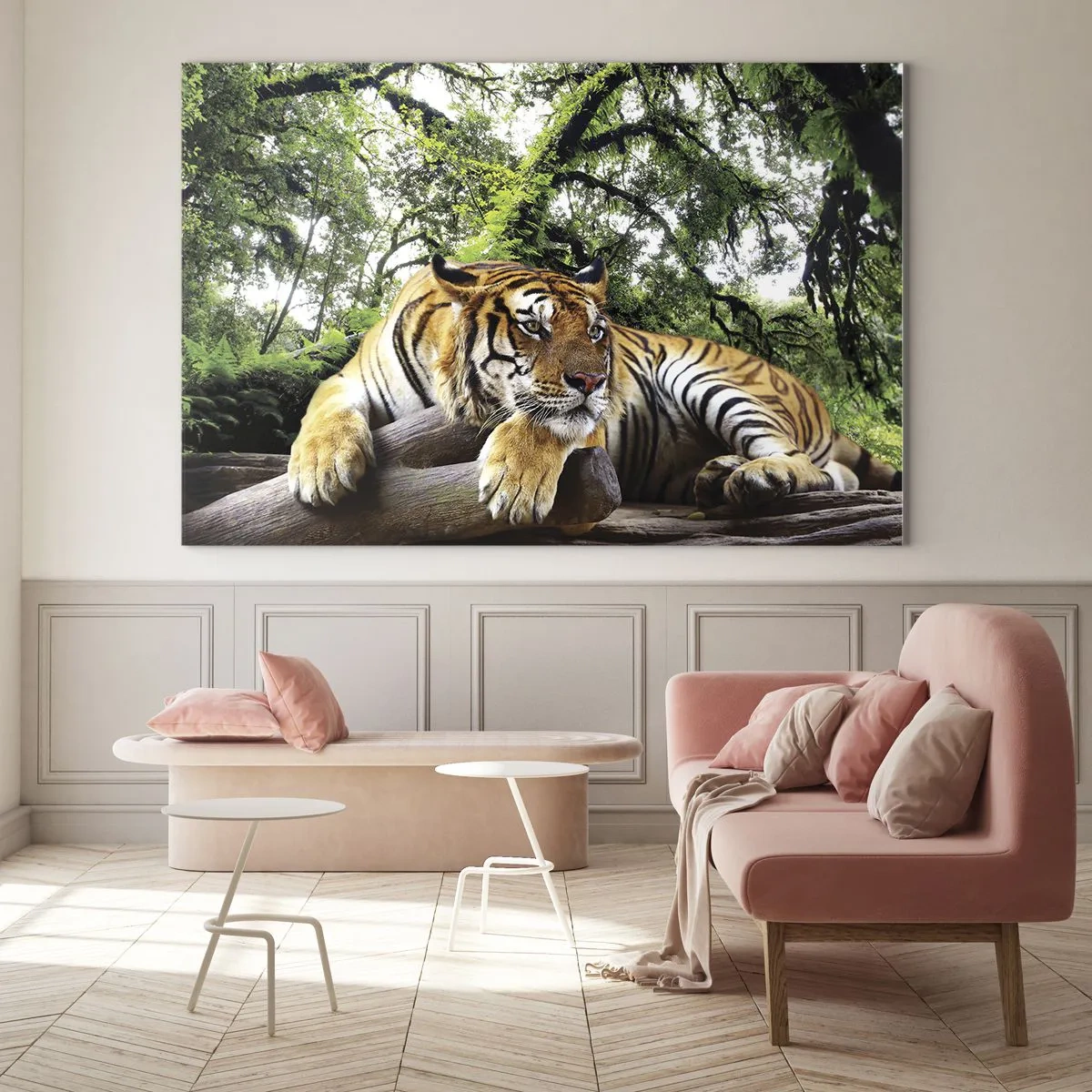 Impression sur verre - Image sur verre - Un tigre se reposant dans une forêt tropicale verte - 70x50cm - Cordialement - Décoration murale moderne pour le salon et la chambre ARTTOR