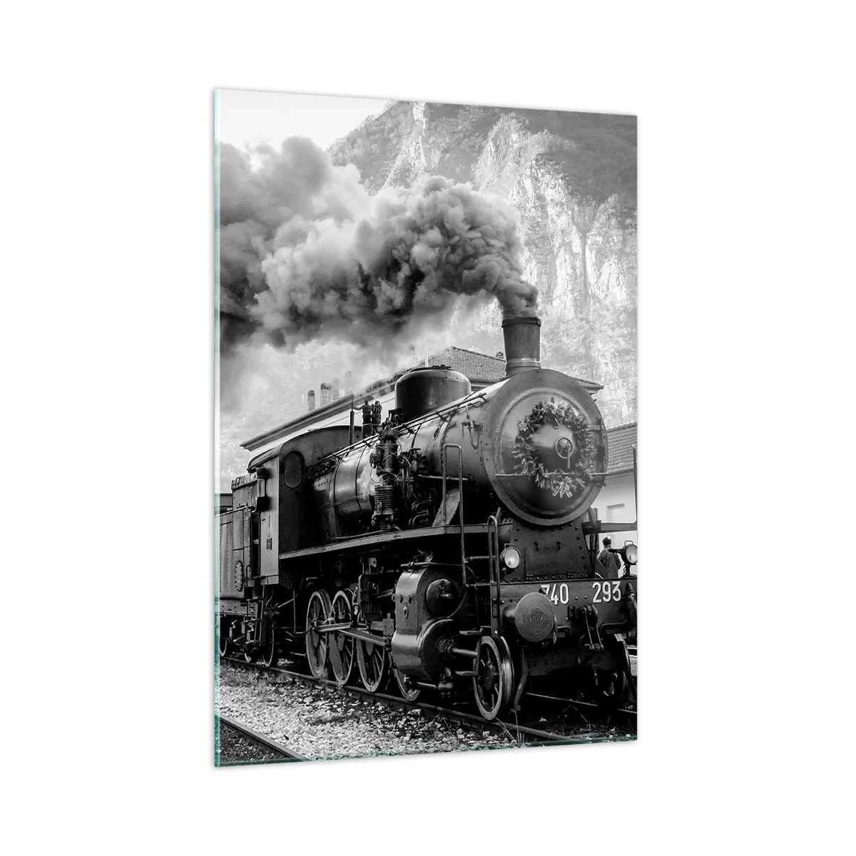 Impression sur verre - Image sur verre - Un vieux train à vapeur dans un paysage de montagne - 50x70cm - Attend à la gare... - Décoration murale moderne pour le salon et la chambre ARTTOR