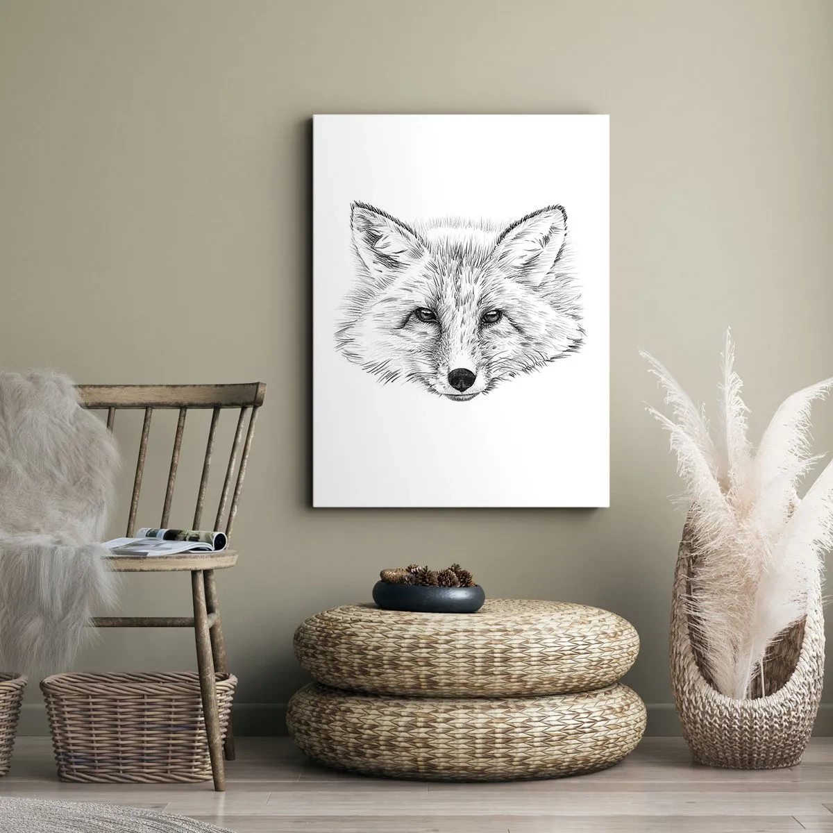 Impression sur toile - Image sur toile - Dessin en noir et blanc d'une tête de renard sur fond blanc - 70x100cm - Ces yeux peuvent-ils mentir ? - Décoration murale moderne pour le salon et la chambre ARTTOR