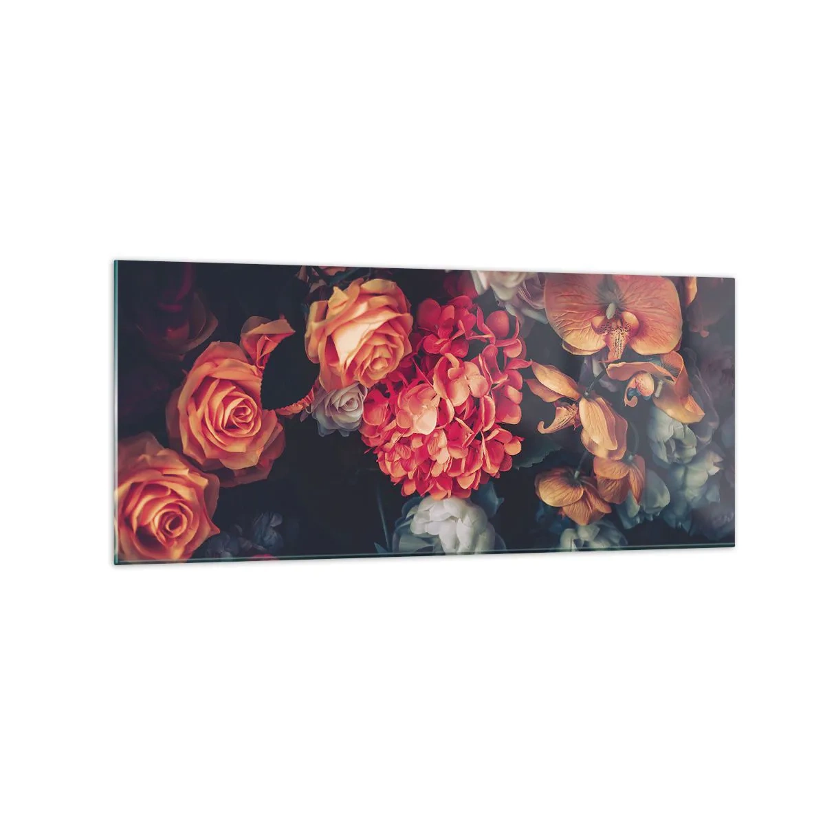 Impression sur verre - Image sur verre - Un bouquet de fleurs variées aux tons sombres - 120x50cm - Comme chez les maîtres hollandais - Décoration murale moderne pour le salon et la chambre ARTTOR