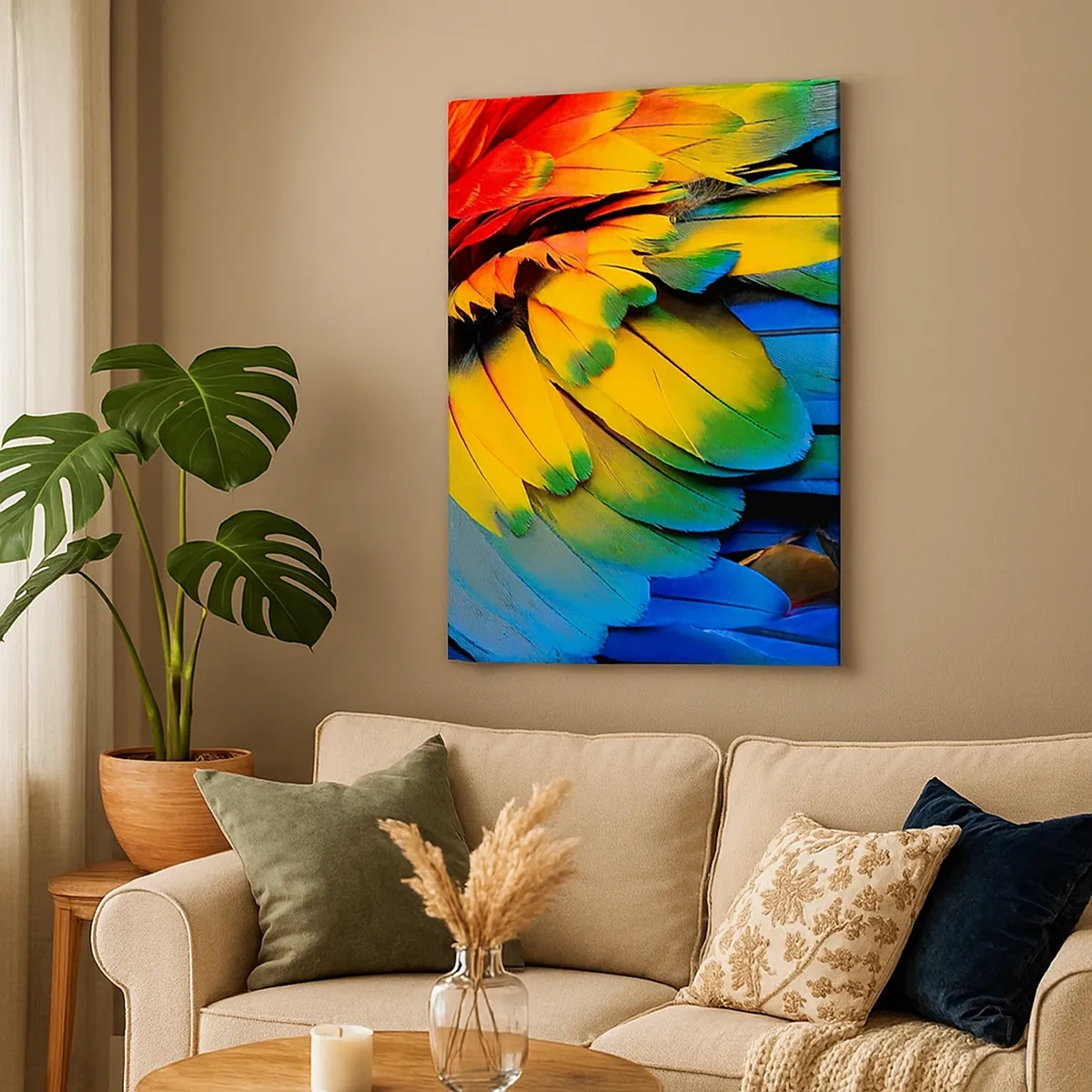 Impression sur toile - Image sur toile - Gros plan des plumes colorées d'un perroquet - 50x70cm - Oiseau de paradis - Décoration murale moderne pour le salon et la chambre ARTTOR