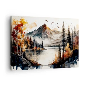 Impression sur toile - Image sur toile - Paysage de montagne d'automne avec un lac et des arbres à l'aquarelle - 70x50cm - Automne doré dans les montagnes - Décoration murale moderne pour le salon et la chambre ARTTOR