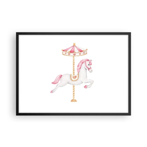 Affiche dans un cadre noir - Poster - Un cheval de carrousel aux tons pastel de rose - 70x50cm - Les sabots en avant - Décoration murale moderne pour le salon et la chambre ARTTOR