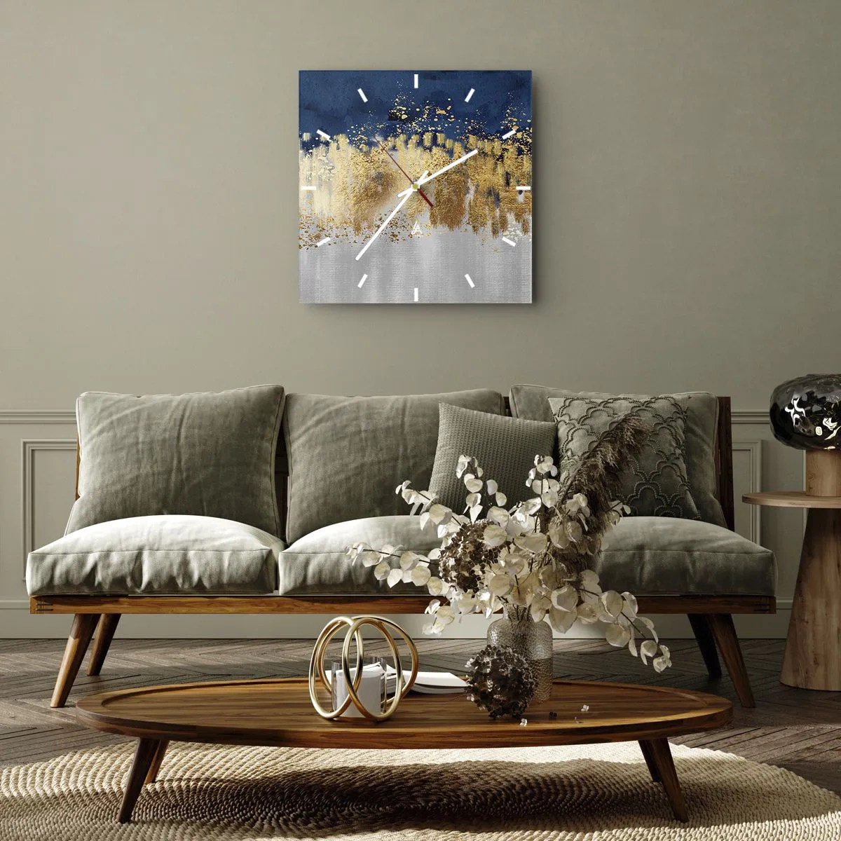 Horloge murale - Pendule murale - Une composition abstraite dans des tons d'or et de bleu marine. - 30x30cm - Une composition moderne et pétillante - Décoration murale moderne pour le salon et la chambre ARTTOR