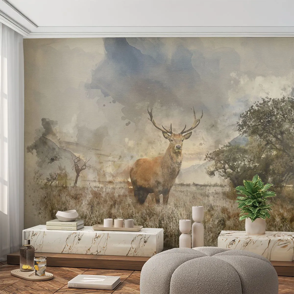 Papier Peint Photo Premium Sand - Un cerf majestueux dans un pré dans un style aquarelle artistique - 100x70cm - Dignité - force - majesté - Décoration murale moderne pour le salon et la chambre ARTTOR