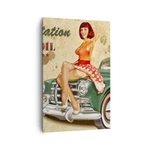 Impression sur toile - Image sur toile - Affiche rétro de la Route 66 avec une pin-up et une voiture - 80x120cm - Les superbes années 40. - Décoration murale moderne pour le salon et la chambre ARTTOR