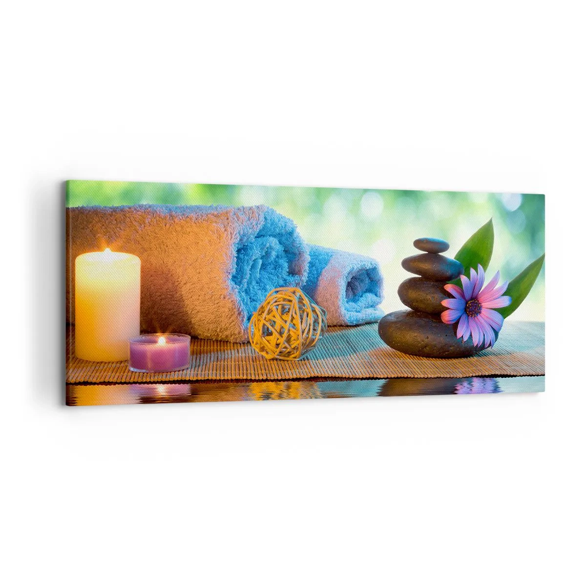 Impression sur toile - Image sur toile - Ensemble SPA relaxant avec serviettes, bougies et pierres - 120x50cm - Temps pour le corps - Décoration murale moderne pour le salon et la chambre ARTTOR
