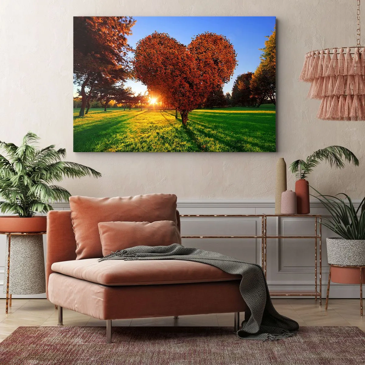 Impression sur toile - Image sur toile - Un arbre en forme de cœur dans un paysage d'automne - 120x80cm - Et comment ne pas aimer tomber - Décoration murale moderne pour le salon et la chambre ARTTOR