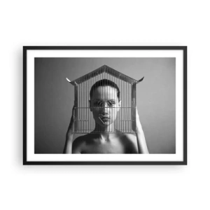Affiche dans un cadre noir - Poster - Femme derrière une cage dans un style surréaliste - 70x50cm - Portrait un peu surréaliste - Décoration murale moderne pour le salon et la chambre ARTTOR