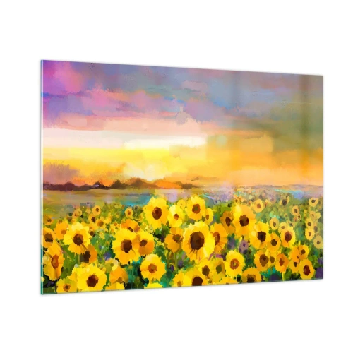 Impression sur verre - Image sur verre - Un champ de tournesols à la lumière du soleil couchant - 100x70cm - Le soleil lui-même est descendu sur terre - Décoration murale moderne pour le salon et la chambre ARTTOR