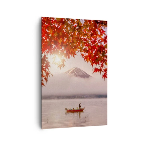 Impression sur toile - Image sur toile - Un bateau sur un lac entouré de feuilles d'érable rouges - 80x120cm - Dans le climat japonais - Décoration murale moderne pour le salon et la chambre ARTTOR